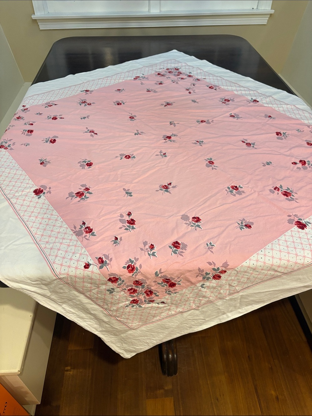 Vintage Pink Floral Tablecloth with Roses
